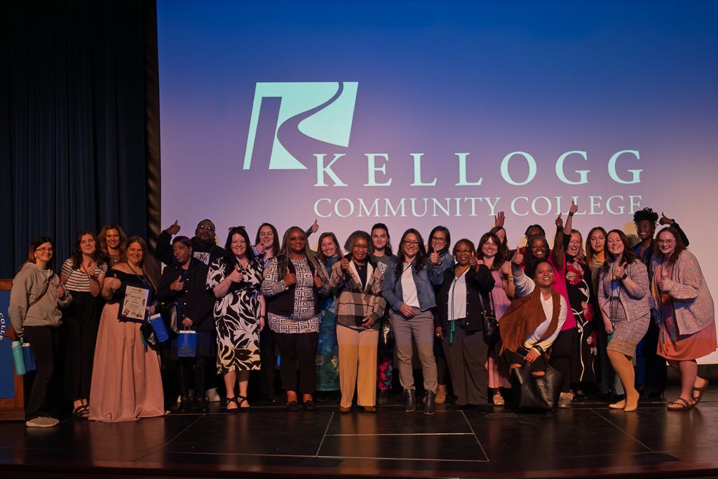 Child care workers on stage at Kellogg Community College