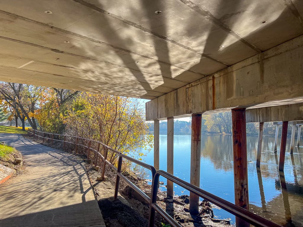 View of the Kalamazoo River from under a bridge